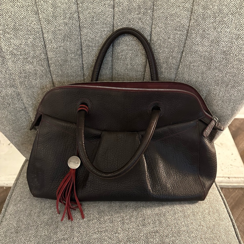 Furla Italian Leather Burgundy Satchel Bag with Tassel